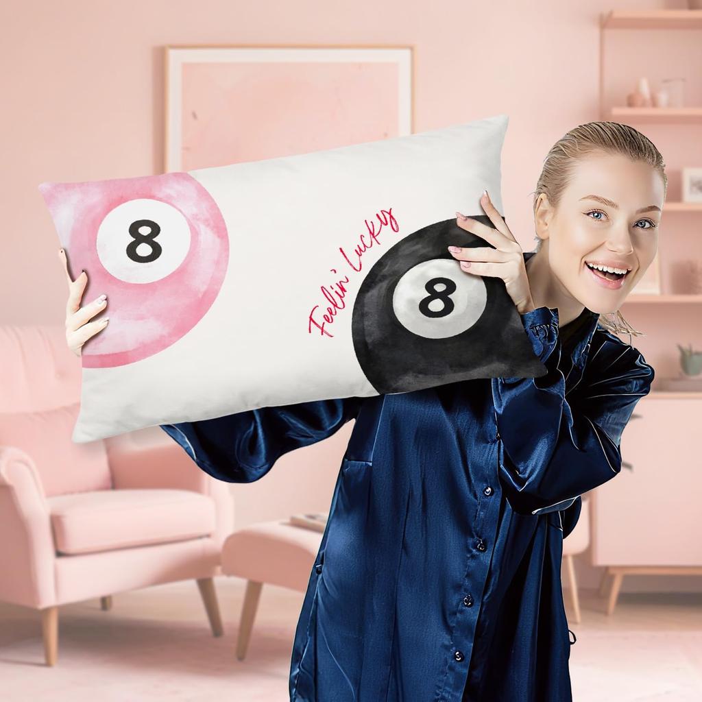 Preppy Lucky 8 Ball Pillow Covers 12x20, Pink and Black Room Decor, Funky Retro 8 Ball Y2k Aesthetic Lumbar Throw Pillow Covers for Girls Bedroom