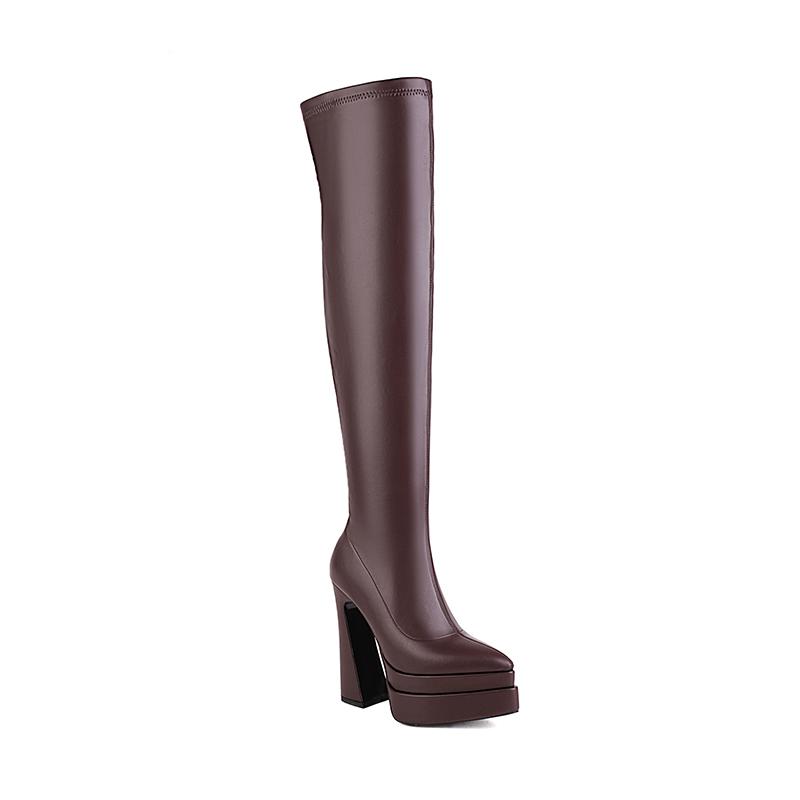2025 Ultra-High Cutout Heel Pointed Toe Three-Layer Platform Women s Sexy Skinny Over-The-Knee Boots Mesh Lined Long Boots 34 коричневый 7969₽
