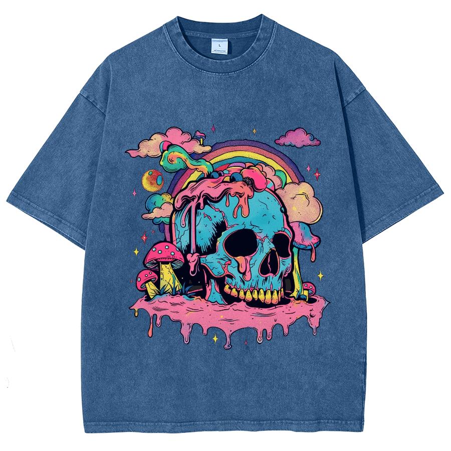 Barevné Kreslené Lebky Potisk Dámské Tričko Volné Oversized Prané Vysoce Kvalitní Krátký Rukáv Letní Módní Top