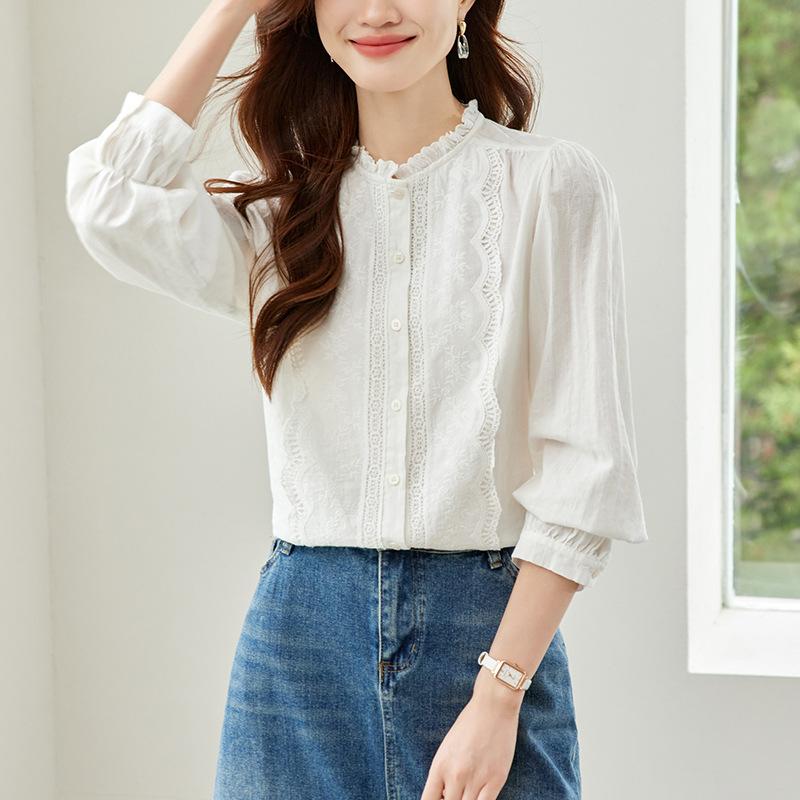 

Lace Round Neck Long Sleeve Shirt for Women In Spring New Style Simple Commuting Versatile Loose Casual Top for Women M білий