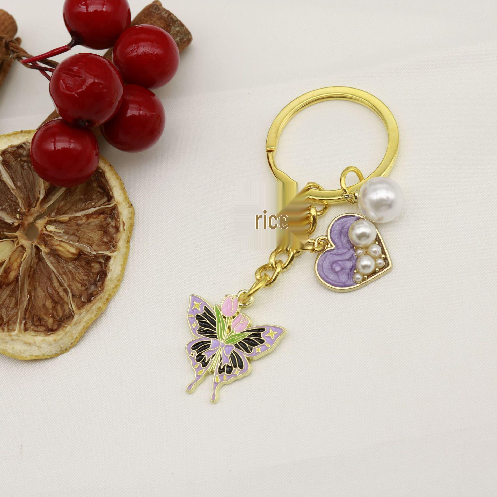 Purple Heart Pearl Tulip Butterfly Keychain Ornament