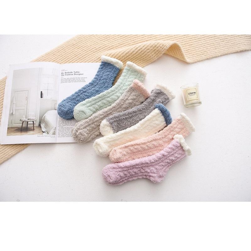 7 Pairs Solid Color Autumn Winter Coral Velvet Pink Socks Women Warm Thickened Sleep Floor Socks for Ladies
