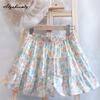 Prairie Chic Summer Women Mini Skirt High Waist Floral Print Short Ruffles Skirt Vintage Cotton Contrast Color Cute Skirts