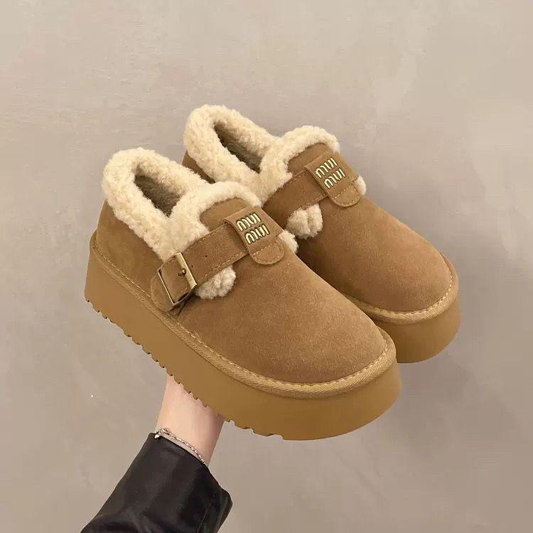 Thick-soled snow boots, new winter piled and thickened warm Birkenstock fluffy shoes, Velcro bread cotton shoes