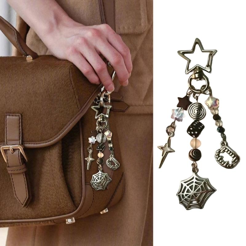 Spiders Web Spirals Star Keychain Gothic Key Ring for Women Men Friendship Gift Handbag Decoration Handmade Jewelry