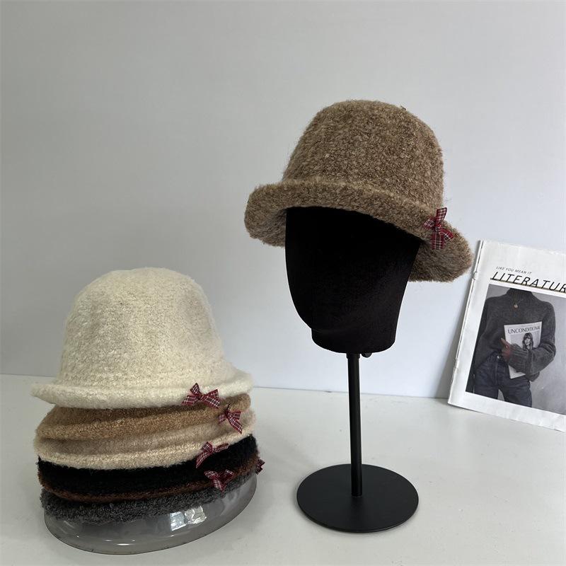 

Autumn and winter wool circle yarn front upturned brim basin hat ladies sweet small fresh bow warm casual basin hat M（56-58cm） чорний