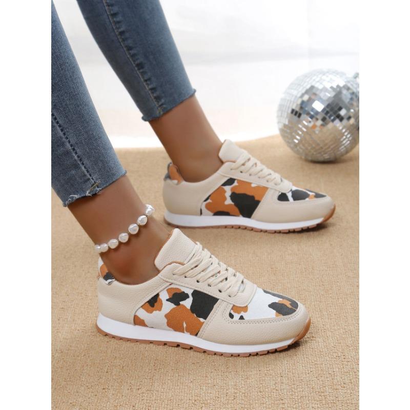 New thick-soled low-top lace-up leopard print sneakers women's large-size splicing casual shoes
