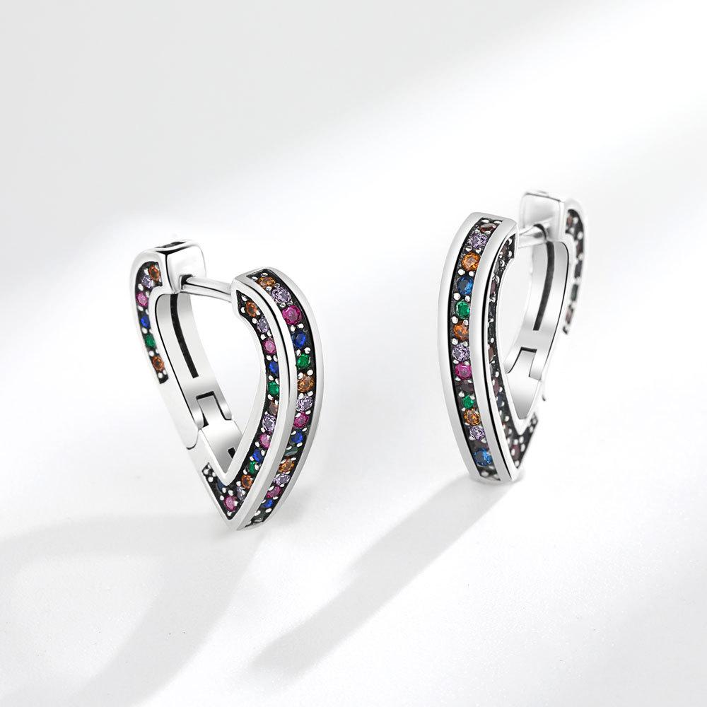 S925 Silver Rainbow Zircon Heart Hoop Earrings For Women Simple Light Luxury Fashionable Versatile Personality Studs