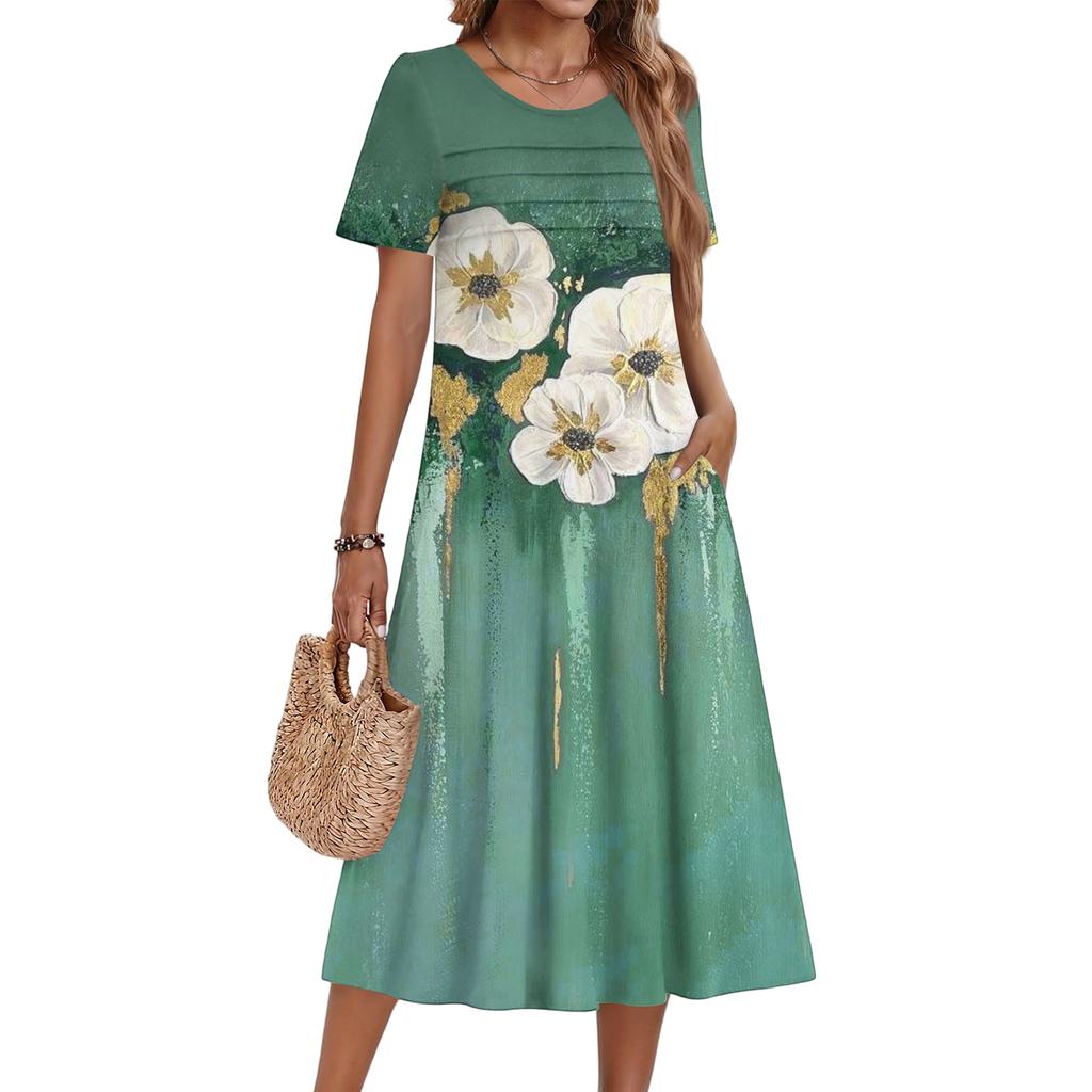 Ladies' Floral Printed Casual And Fashionable Short Sleeved Round Neck Dress