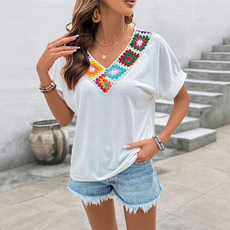 Women's New Casual Vacation V-neck Ethnic Style Colorful Crochet Splicing Tops