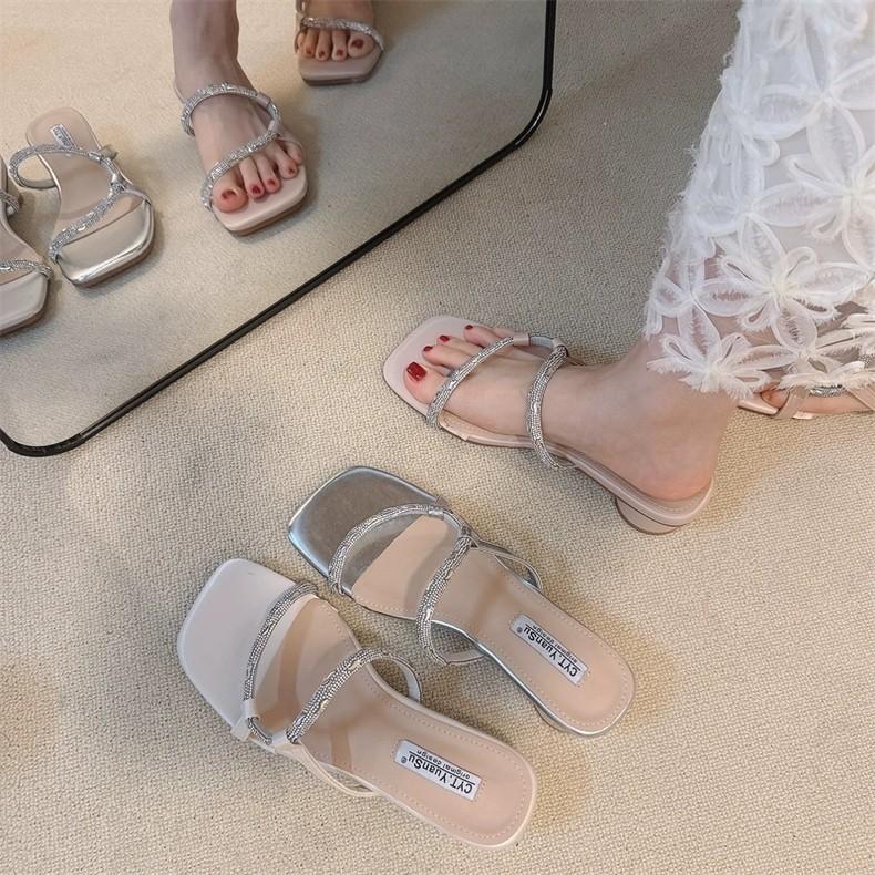 Coarse Heel Silver French Small Cool Slippers Women's Shoes Wear 2025 New Summer Fairy with Skirt Rhinestone Slippers