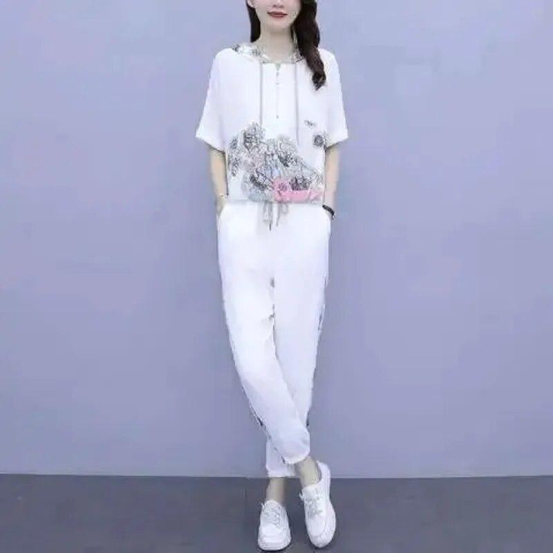 Women's Casual Suit Spring And Summer New Loose Fashion Color Contrast Printed Hooded T-shirt Top Pants Two Piece Set For Women