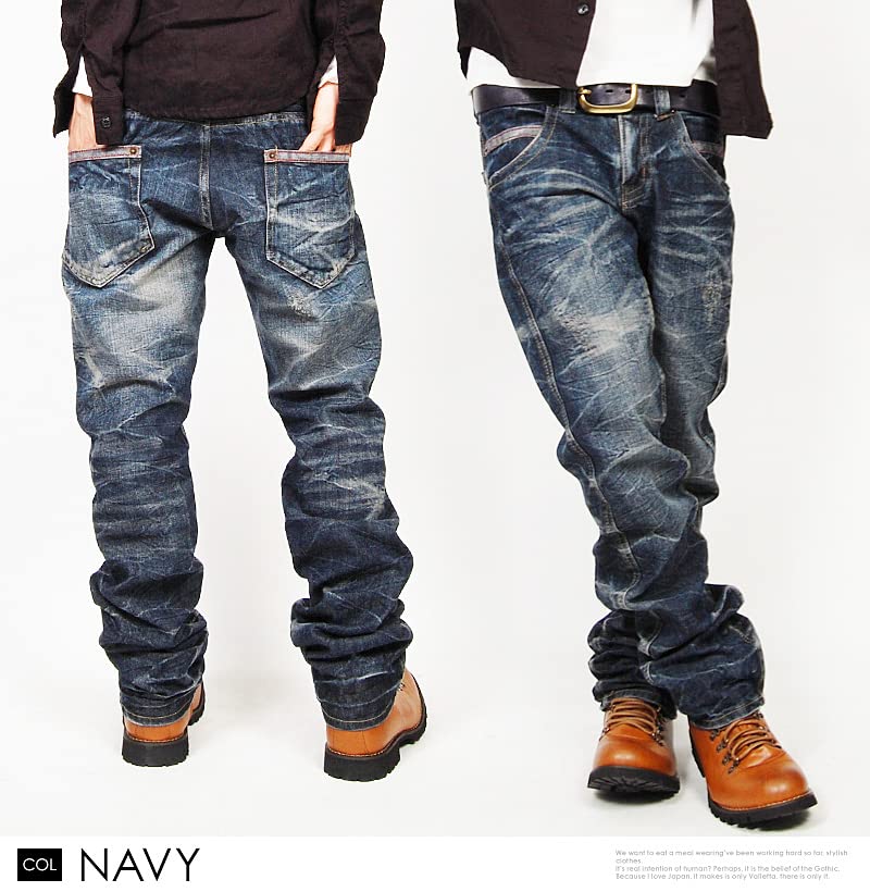 Barrette Men's Navy Straight Denim Pants with Wine Red Stitching, Size L