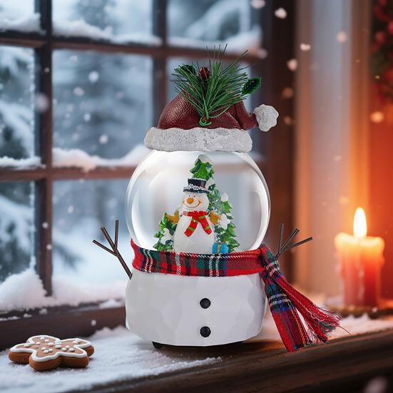 Christmas Faux Crystal Ball Ornament Cartoon Scarf Snowman Snow Ball with Music Box Home Office Holiday Party Desktop Decoration