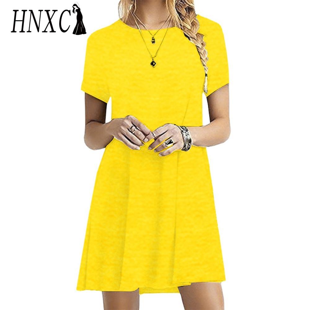 

HNXC Женские модные летние весенние однотонные повседневные платья с коротким рукавом и круглым вырезом с принтом L жёлтый
