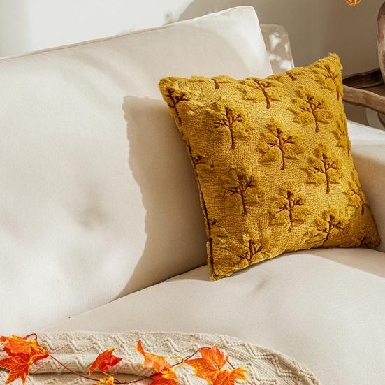 Față de pernă de toamnă de pluș din blană artificială cu artă 3D cu frunză de arțar, stil fermă boem, husă de pernă cu fermoar invizibil