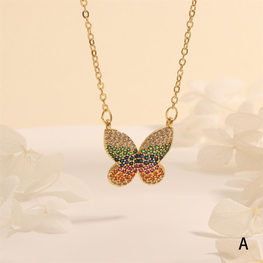 Color-Inlaid Zircon Butterfly Pendant Necklace - Fashionable Copper Insect Jewelry
