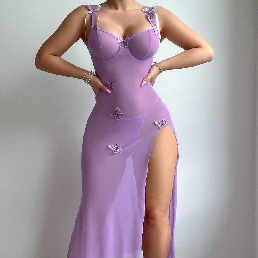 Sheer Mesh Embroidered High Slit Butterfly Lingerie Dress