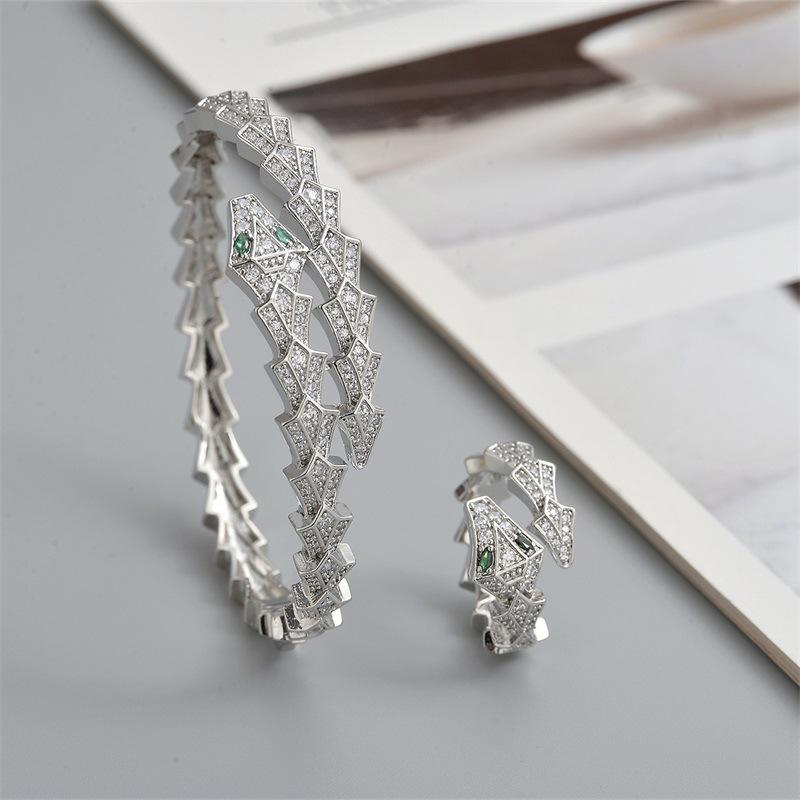 Sterling Silver Luxury Zirconia Snake Bone Bracelet & Diamond Ring Set