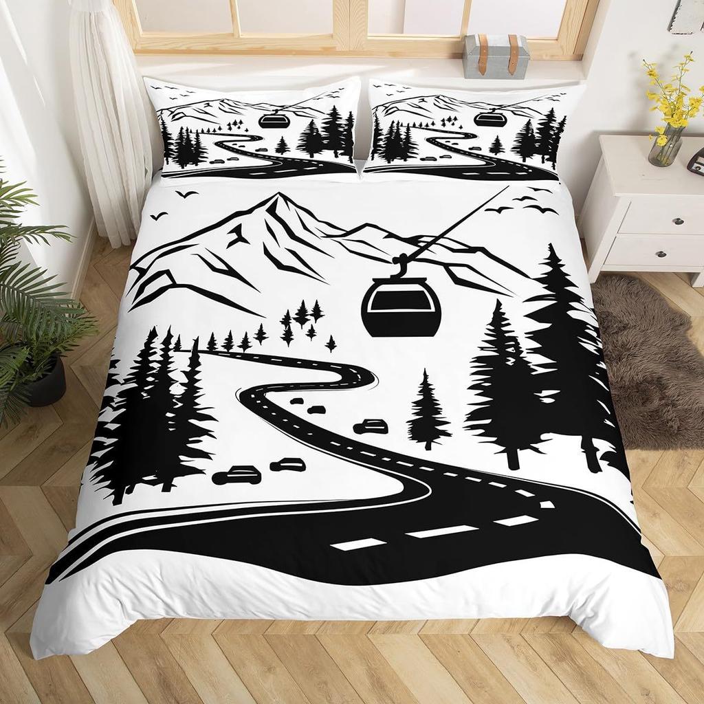 Ski Theme Duvet Cover Green Pine Cable Car Bedding Set Country Style Three-Piece Set