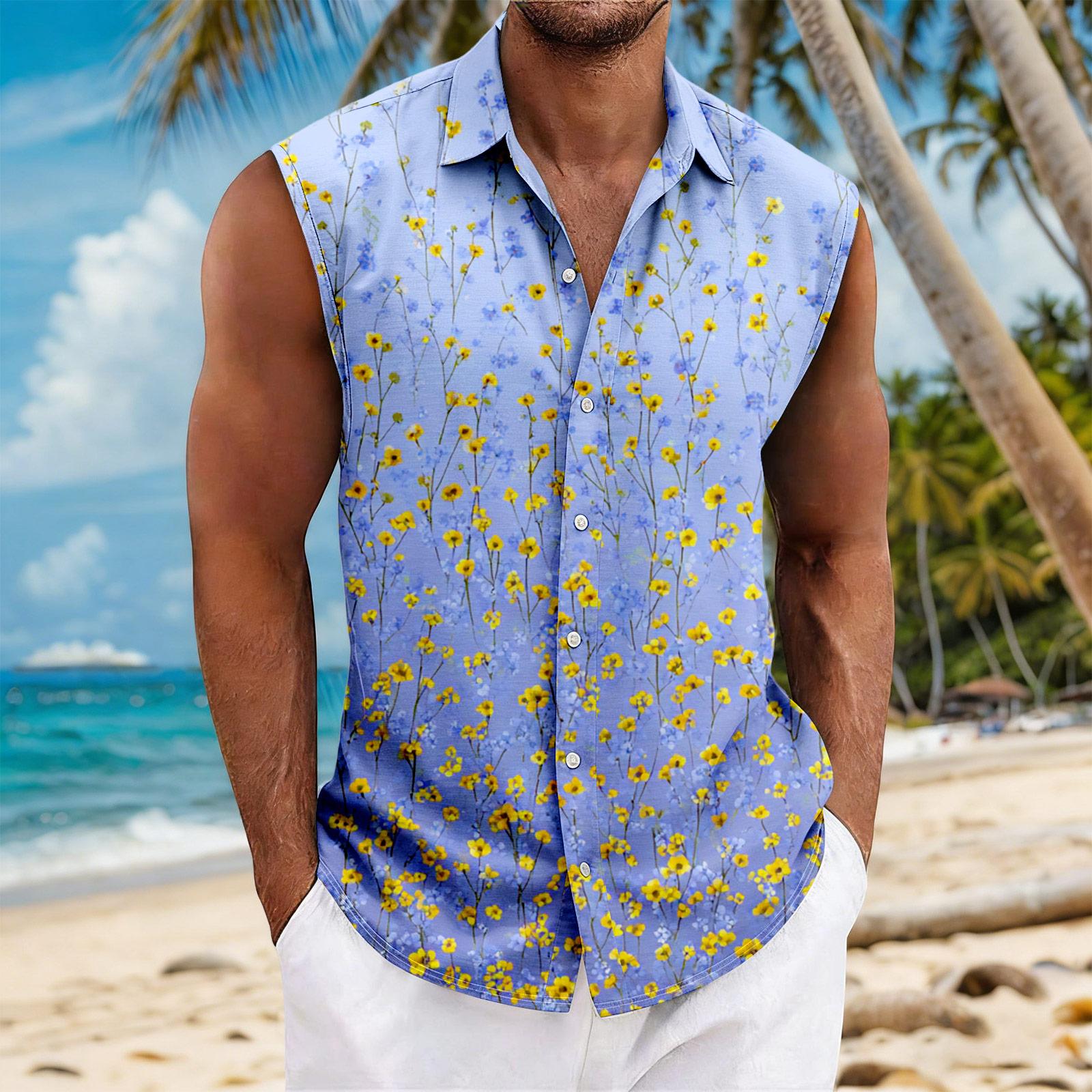 

Men Sleeveless Button Down Shirt Floral Print Casual Summer Lightweight Shirt Relaxed Fit Beachwear Top L