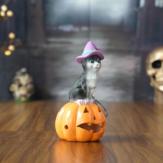 Halloween Cat on Pumpkin Figurine Cute Pumpkin Cat Statue Indoor Resin Sculpture for Shelf Tabletop Bedroom Entryway Decor