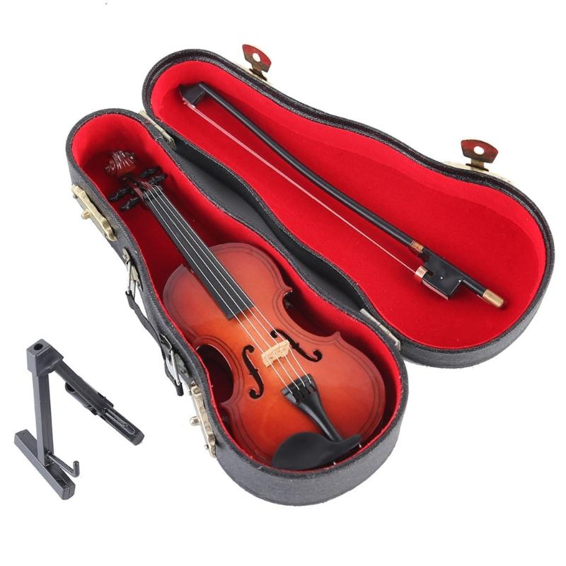 Mini Violin Model Set Wooden Miniature Violin with Stand,Case for Dollhouses Accessory Home Decoration Display Ornament