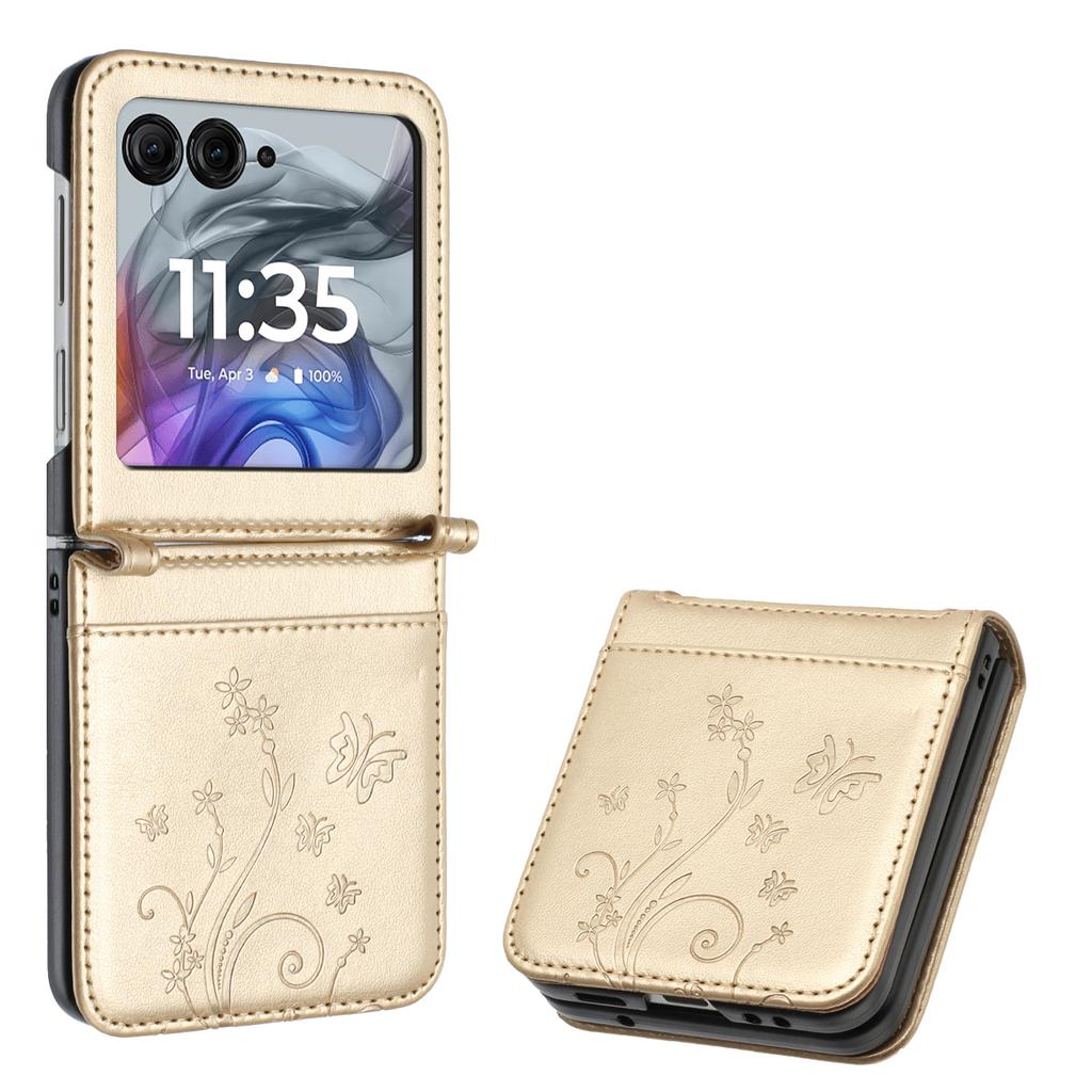 For Motorola Razr 60/50 5G Leather Case Butterfly Flower Imprinted Phone Cover with Strap