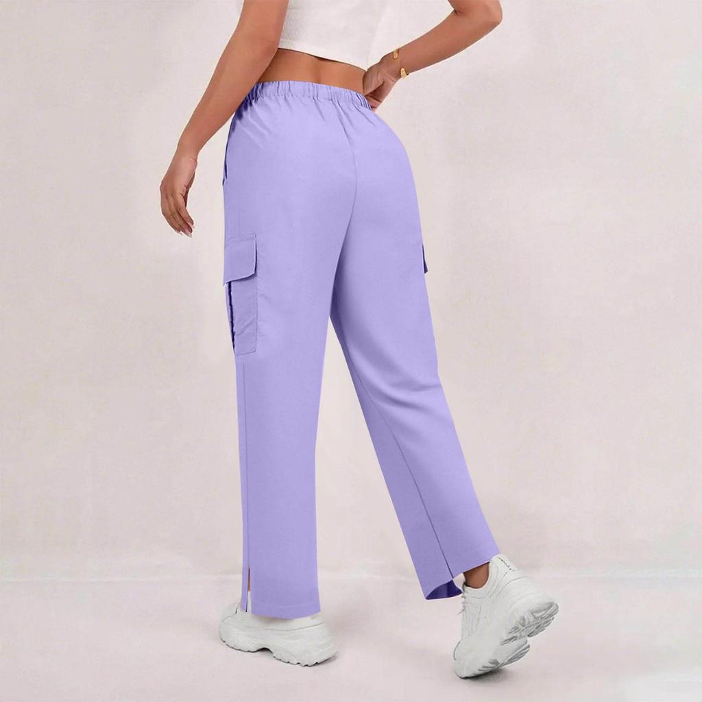 Women's Casual Fashion Solid Color Elastic Waist Drawstring Pocket Wide-Leg Straight-Cut Joggers