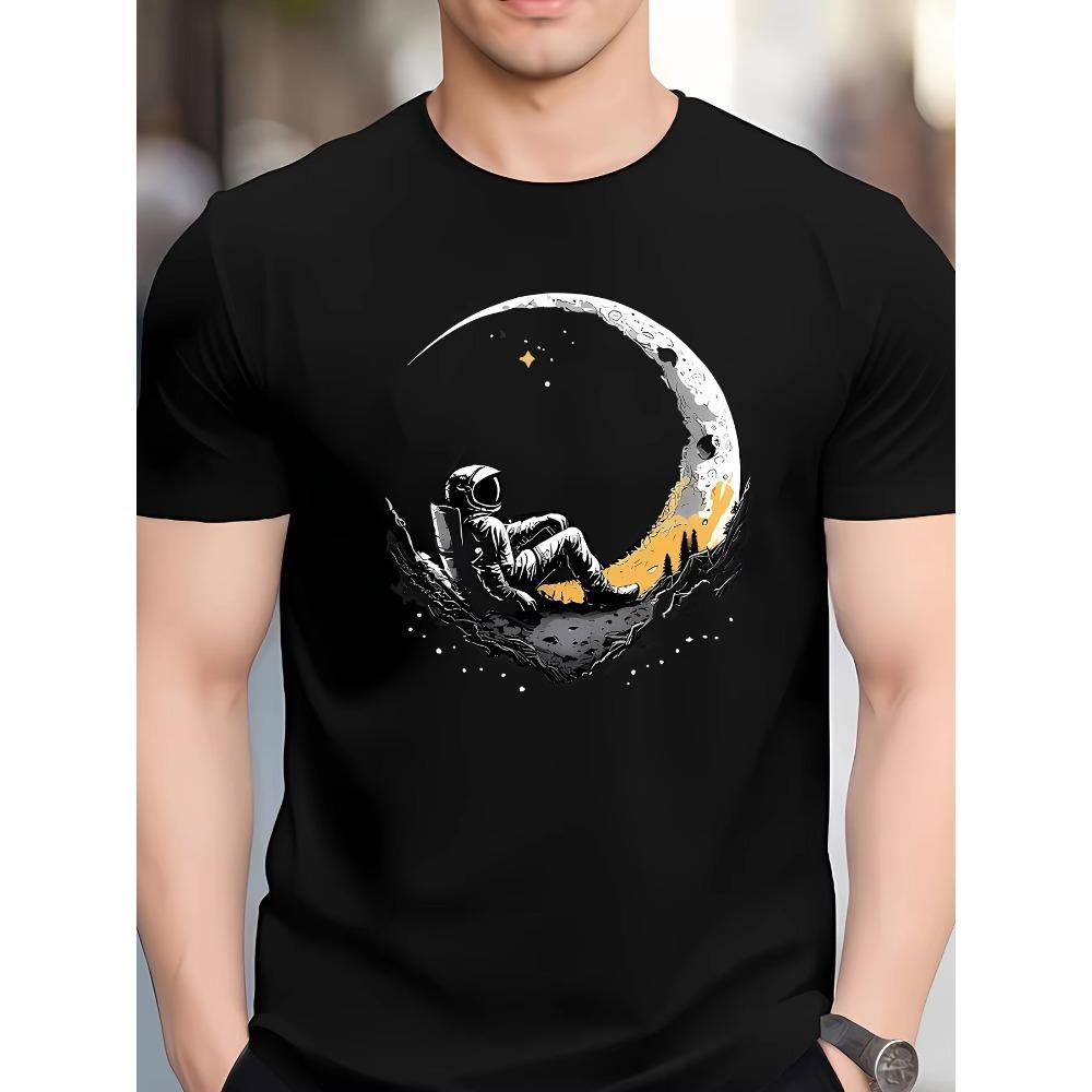 Men's summer 100 cotton fashionable casual loose plus size landing moon pattern printed sports round neck short sleeved T-shirt