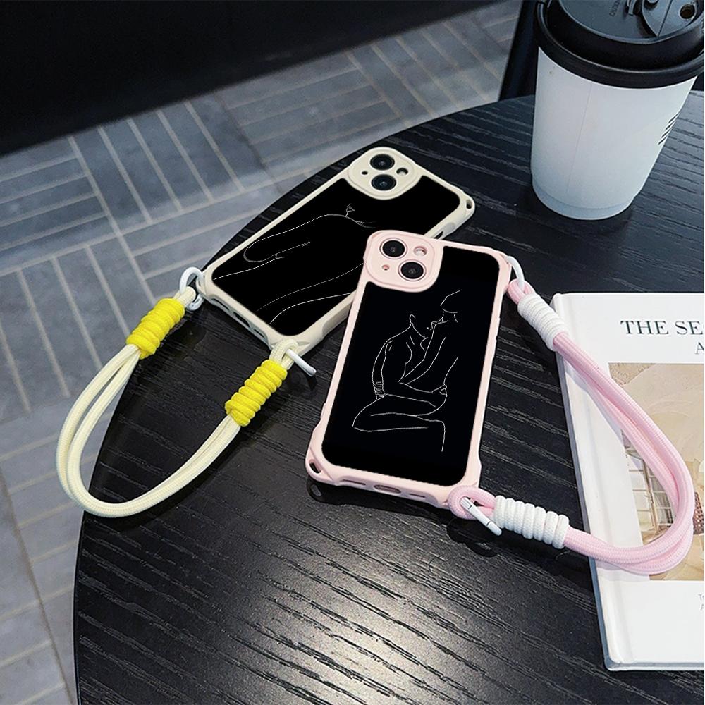 Ae79 Femme Framed Black Art Soft Phone Cases for iPhone 16 15 14 13 12 11 Pro Max 7 8 Plus XR XS with Wrist Strap Lanyard Corner Protection Back Cover
