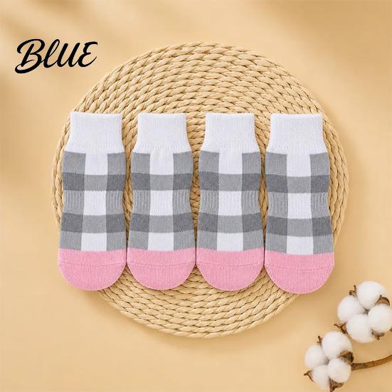 Durable Cotton Socks for Dogs 4Pcs Plaid Dog Socks Anti-Slip Pet Paw Covers with Adjustable Pattern Straps Breathable Ribbed Protectors Indoor