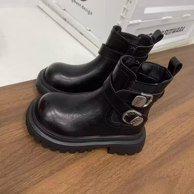 Autumn/Winter Fashionable and Versatile Leather Boots for Girls British Style Fleece-lined Short Boots Non-slip Soft-soled Cotton Boots