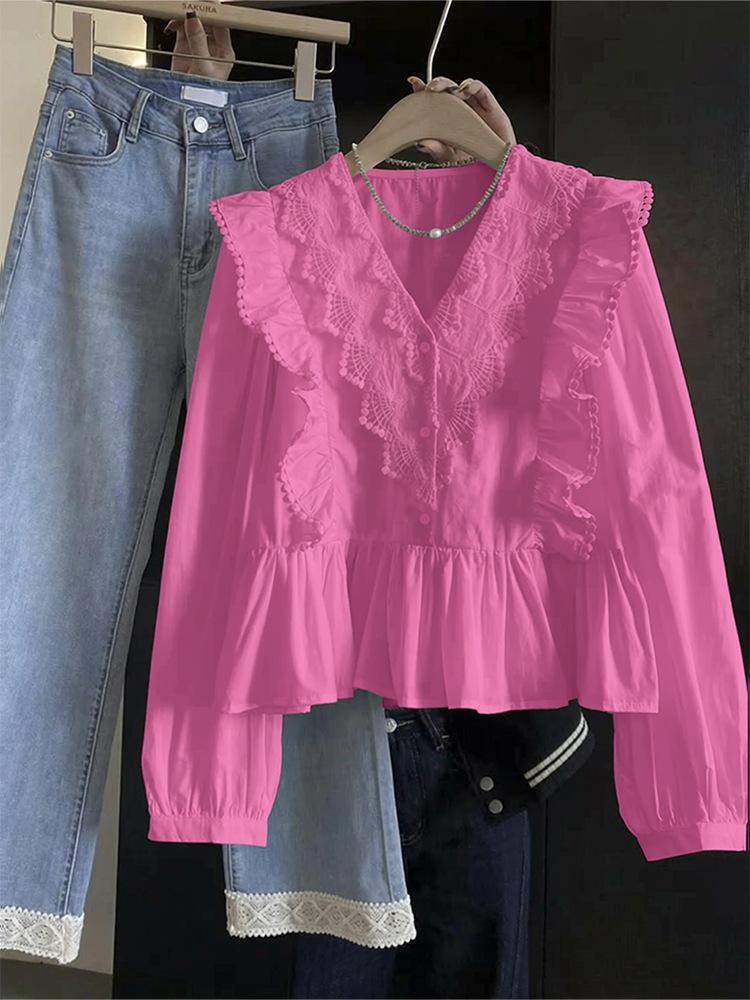 2026 Autumn Women's Casual Lace Patchwork Ruffle Long Sleeve Top