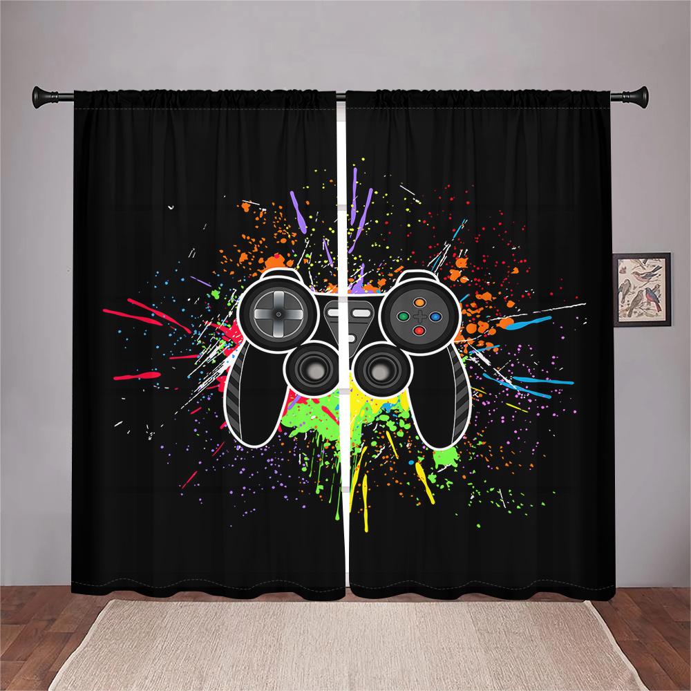 2Pcs Game Controller Curtains Colorful Graffiti Pattern Living Room Bedroom Sunshade Gaming Theme Decor Curtains