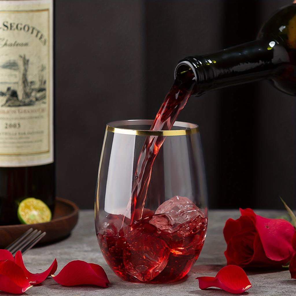 24pcs Plastic Wine Glasses Combo (12pcs 16oz Plastic Wine Glasses & 12pcs 9oz Plastic Champagne Flutes) Stemless Clear Disposable Golden Rims Unbreaka