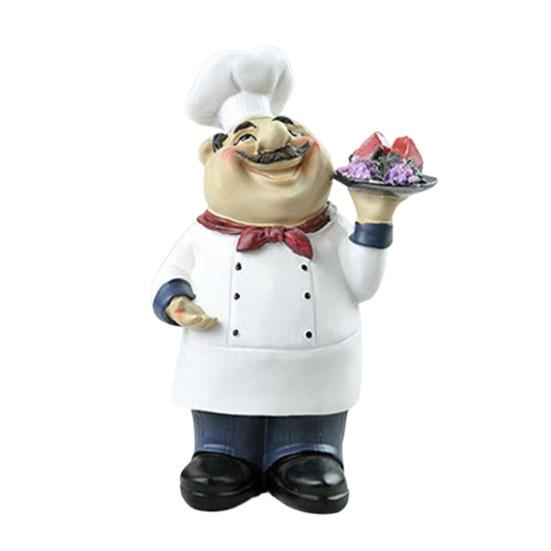 Yousheng Cartoon Chef Figurine Hand-Painted Holding Fruit Plate Cake Noodles Spoon Chef Statue Sculpture Home Kitchen Dining Room Decoration Ornament