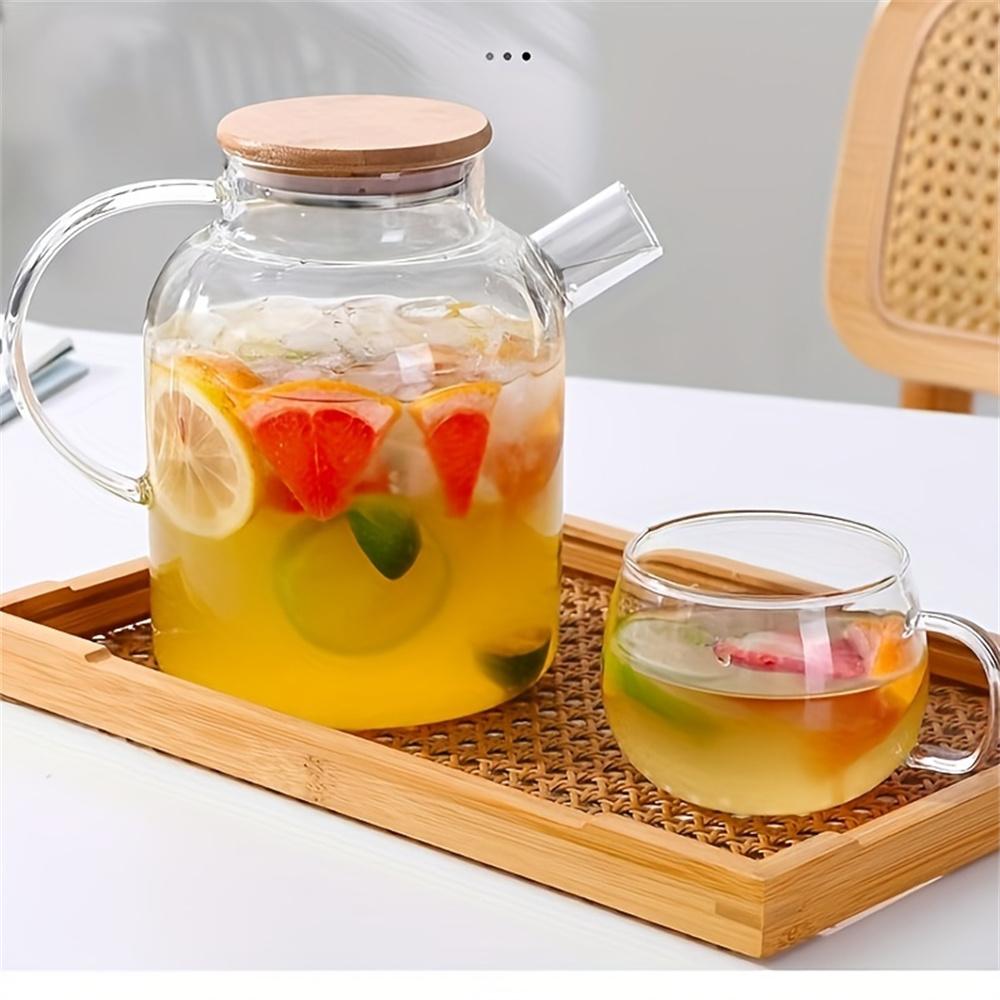Jarra de Vidrio de Borosilicato Alta para Agua Fría Resistente al Calor 1000ml/1800ml Gran Capacidad Jarra para Té de Frutas con Tapa de Bambú Tetera Transparente