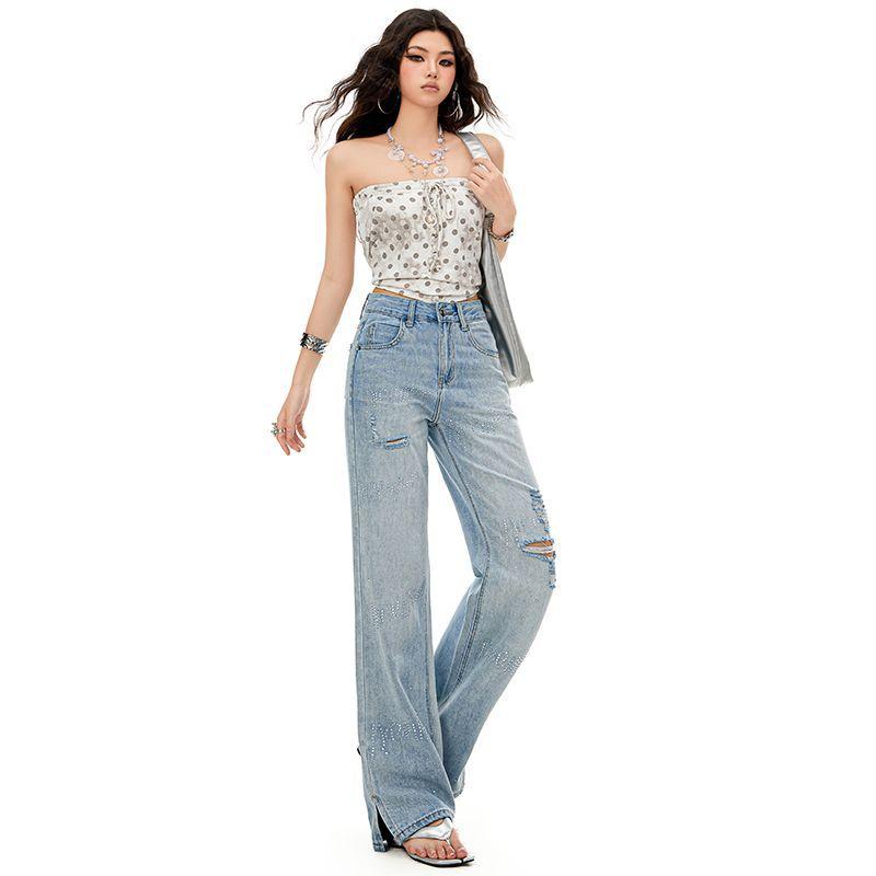 Spring Summer Rhinestone Ripped Split Hem Narrow Wide Leg Slim Straight Trendy Floor Denim Pants Women Casual Pants Oversize Denim Trousers