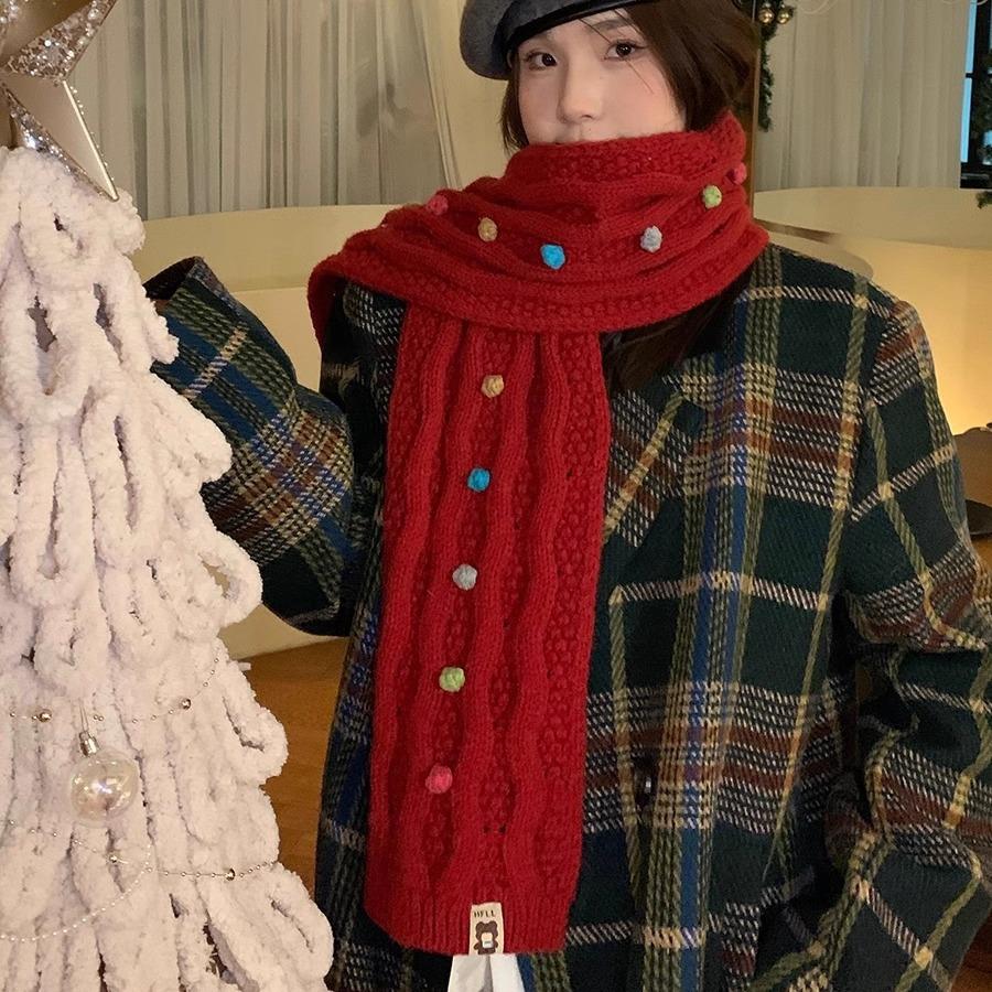 Soft Rainbow Candy Bean Knitted Wool Scarf For Winter Women With Thick Velvet And Student Warmth Versatile Neck