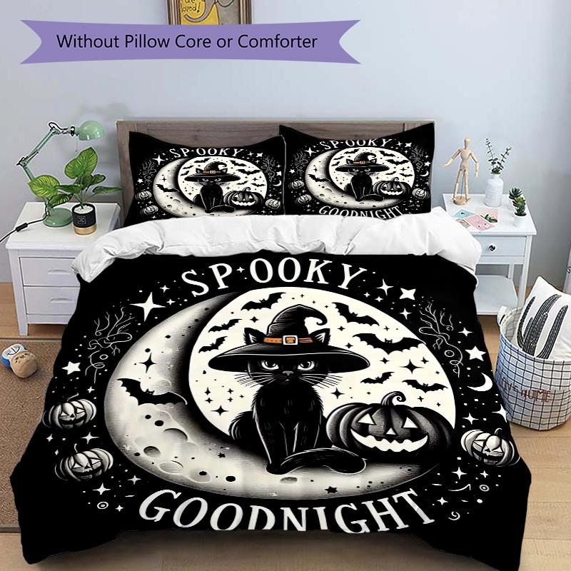 

3pcs Shining Moon & Wizard Black Cat Goodnight Bedding Set 1 Soft Quilt Cover + 2 Pillowcases, Suitable for All Seasons L095 135x200cm