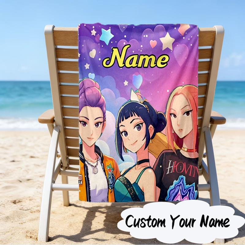 Custom Name KPop Cartoon Microfiber Beach Towel Super Soft & Absorbent for Bath, Beach, Travel Bath Time Accessory, Fan gifts