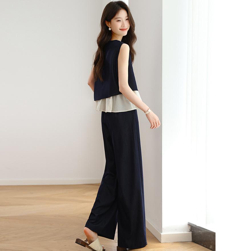 Fashion Slack Wearing Vest Suit Women's Summer New Splicing Sleeveless Top Wide-leg Pants Two-piece Set