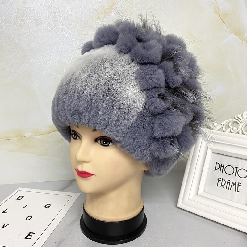New Natural Rabbit Fur Hats for Women Striped Floral Fox Fur Beanies Female Winter Warm Knitted Outdoor Thick Snow Caps Beanies