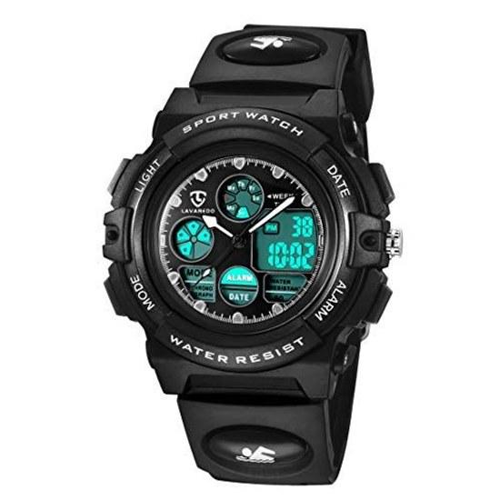 Childrens wristwatch boys sports watch outdoor multifunctional 50m waterproof alarm date day display dual time LED analog digital (black)