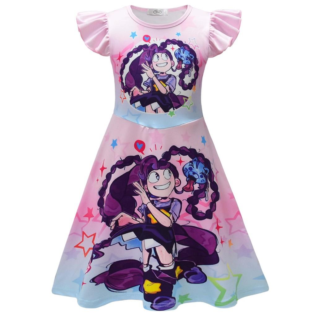 

26267 Kids Girls Anime Cartoon Lily Lovebraids Clown Printed Ruffle Sleeveless Dress 110cm розовый