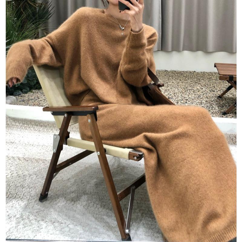 

Прямая юбка + свитер комплект из двух предметов осень и зима новый ленивый ветер большой размер комплект вязаный свитер женский One Size верблюд