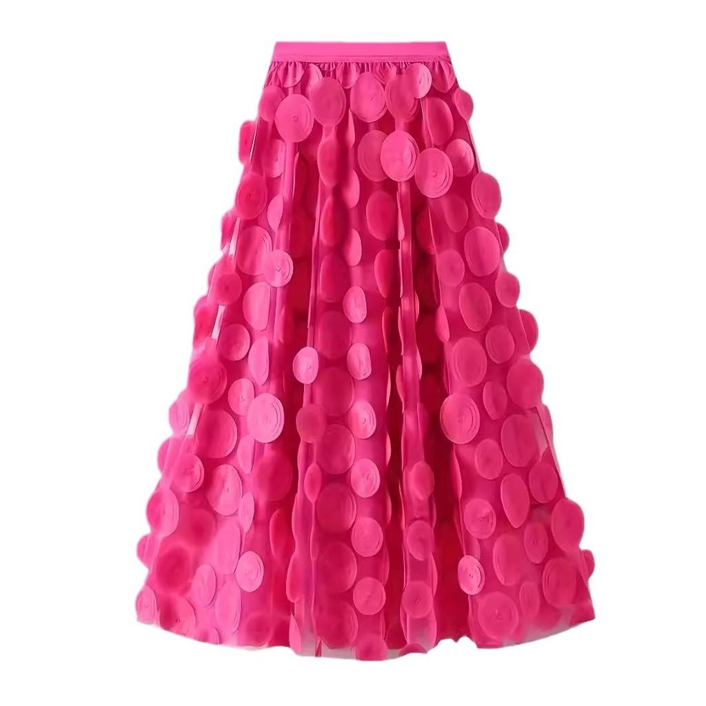 3D Applique Patchwork Tulle A-Line Midi Skirt with Lining Layered Flowy Half Skirt for Women Ethereal QT-2176