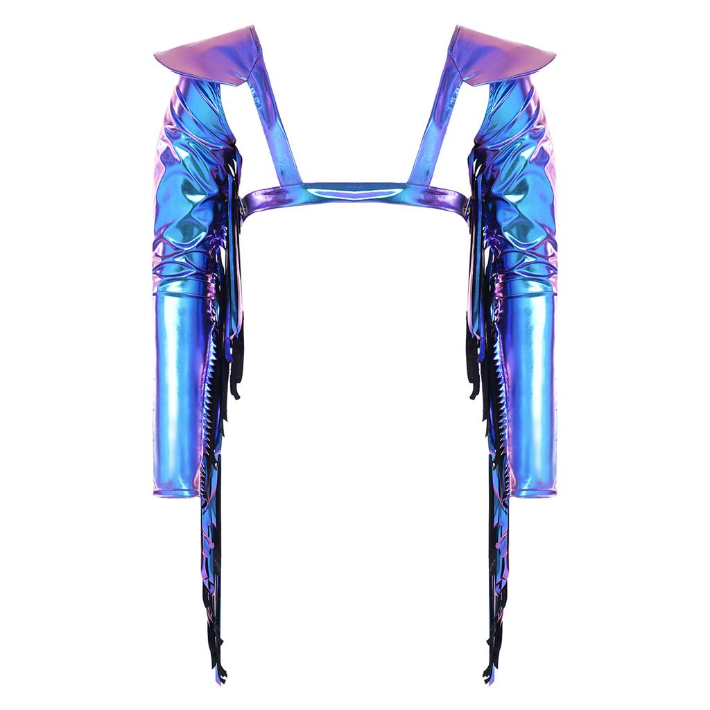 M-3XL Men Metallic Shiny Fringed Arm Sleeves Long Sleeve with Tassels Structured Epaulet Adjustable Chest Harness Club Party Crop Top