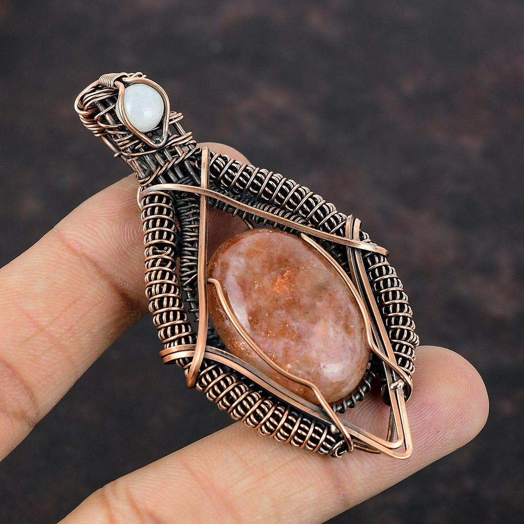 Sunstone Gemstone Copper Pendant Wire Wrapped Pendant Rainbow Moonstone Handmade Pendant Anniversary Gift Wire Wrapping Sunstone Jewelry